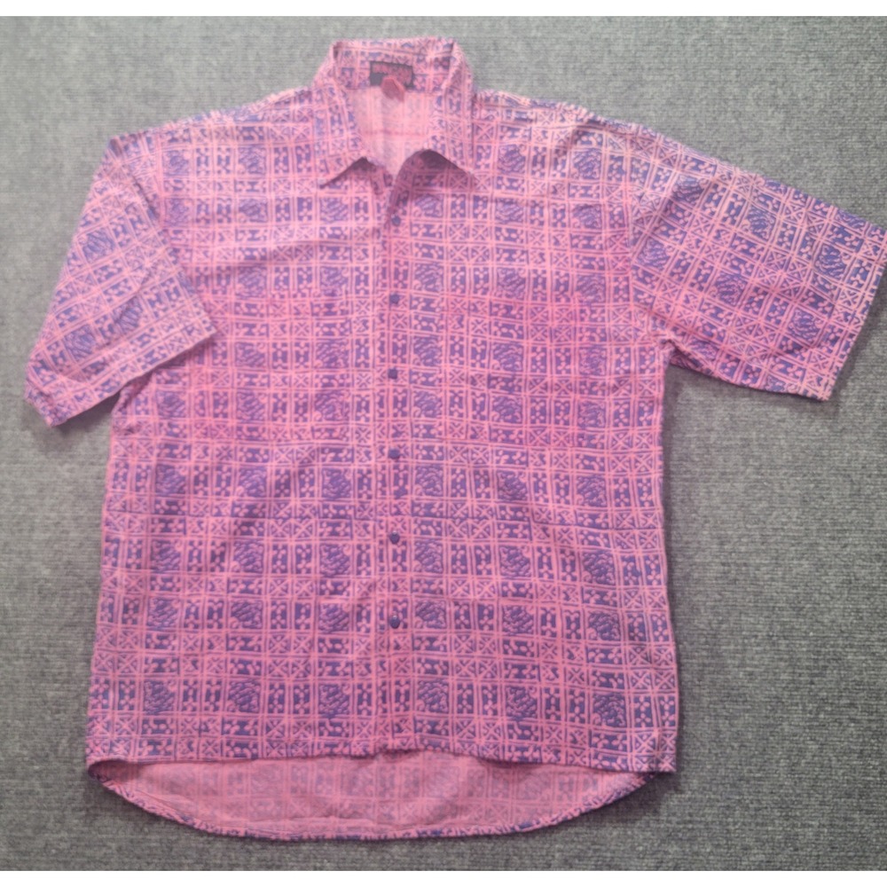 Duncan Row Mens Medium Pink Purple Geometric Batik Cotton Short Sleeve Shirt